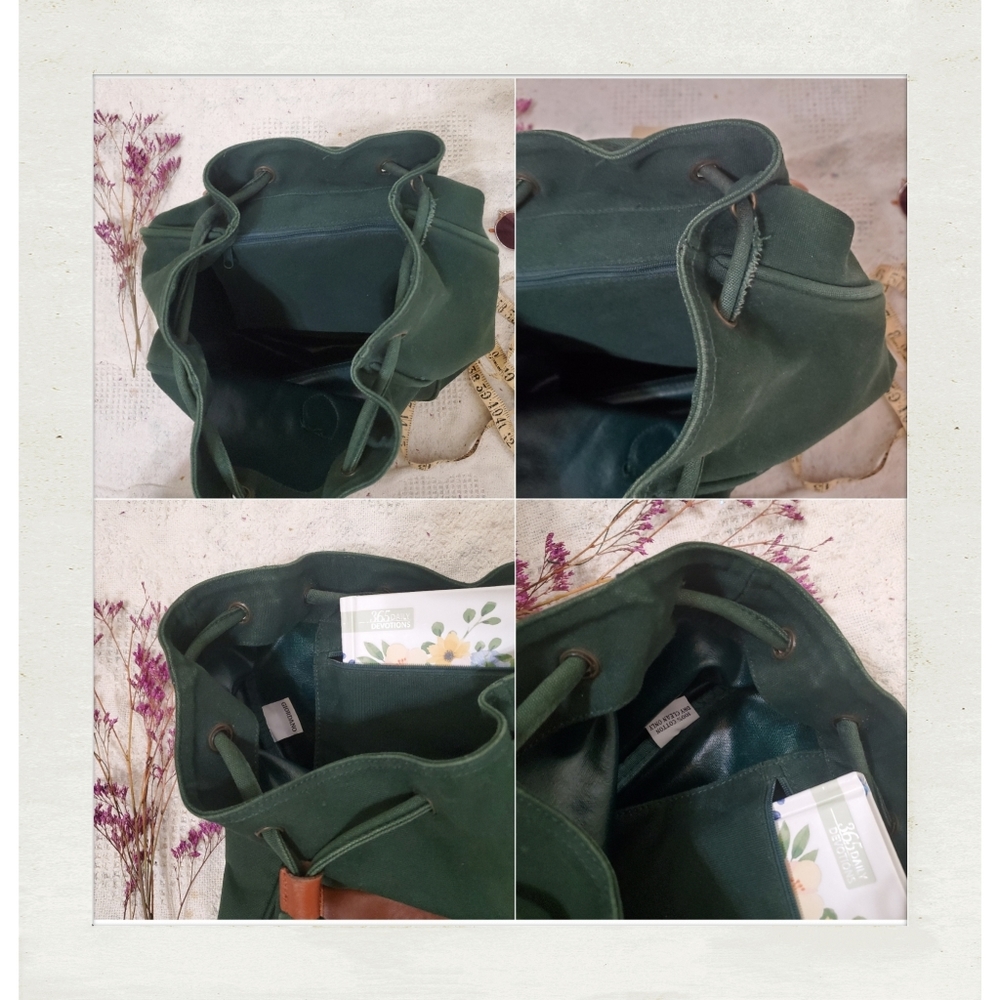 🌾SOLD! Vintage 90s Hunter Forest Green Brown Leather Canvas Drawstring Backpack - Picture 4 of 6
